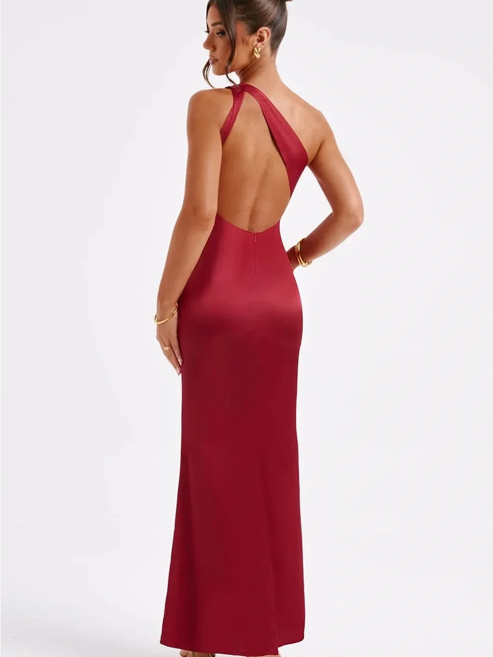 Asymmetric One-Shoulder Red Maxi Dress - Picture 2 of 2